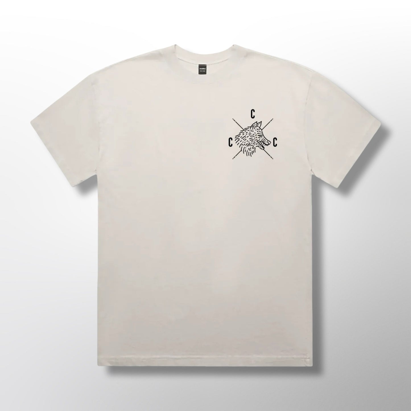 Front of white t-shirt with black Covert Canine logo graphic and text on a white background