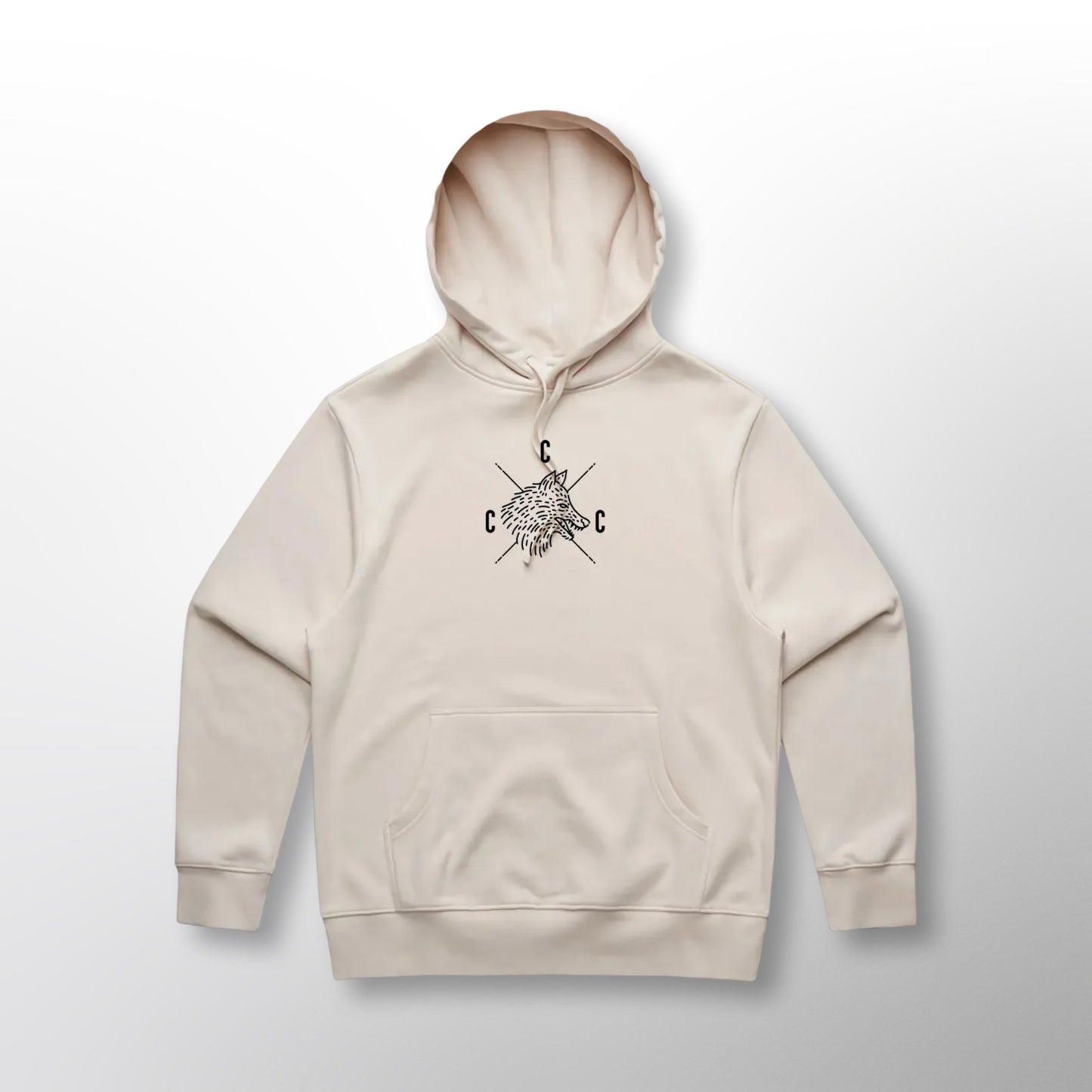 Front of the white Covert Canine Co. Signature Heavy Hoodie with the logo and name