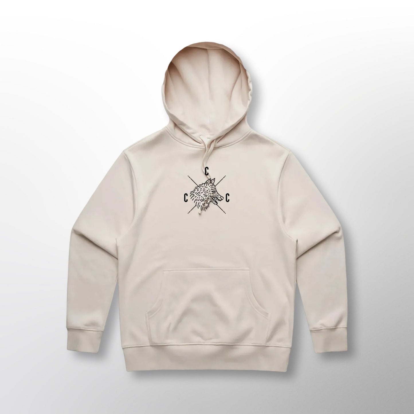 Front of the white Covert Canine Co. Signature Heavy Hoodie with the logo and name