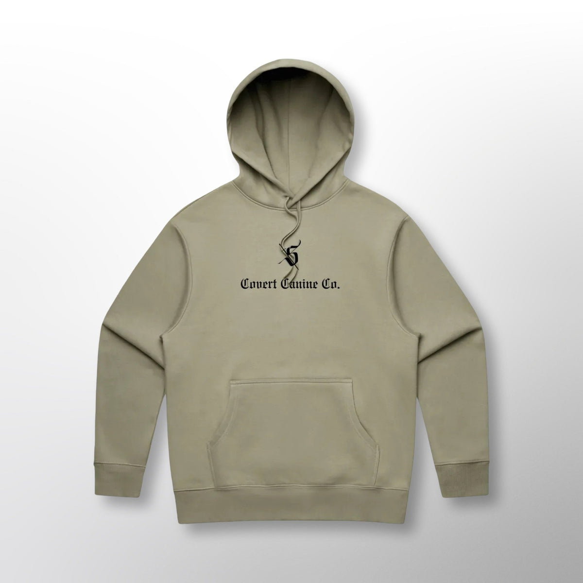 Front of the OD green Grip Hoodie with the Covert Canine Co. logo and name