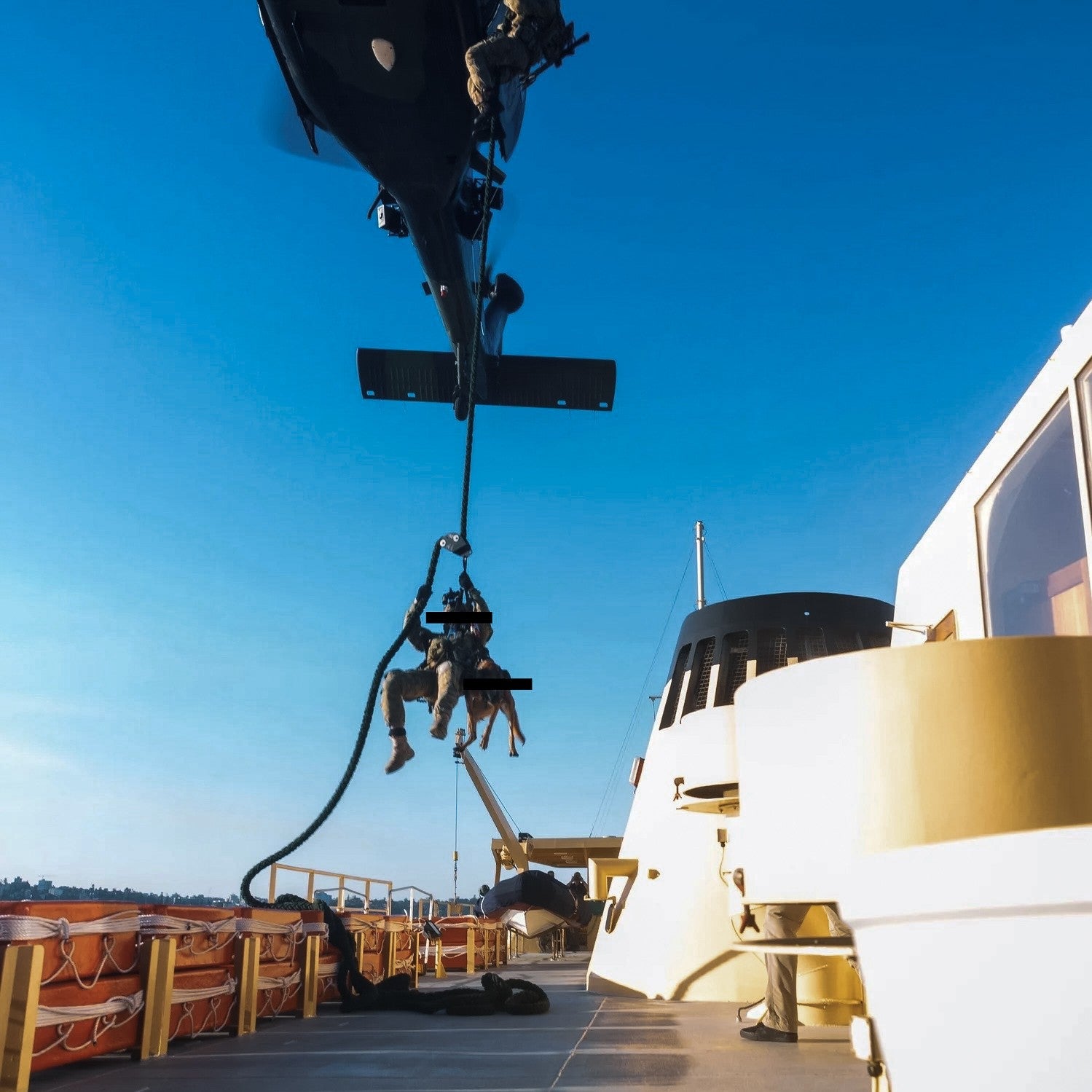Australian 2CDO solider fast roping from a helicopter, with a working K9 strapped to him, onto a large ship.