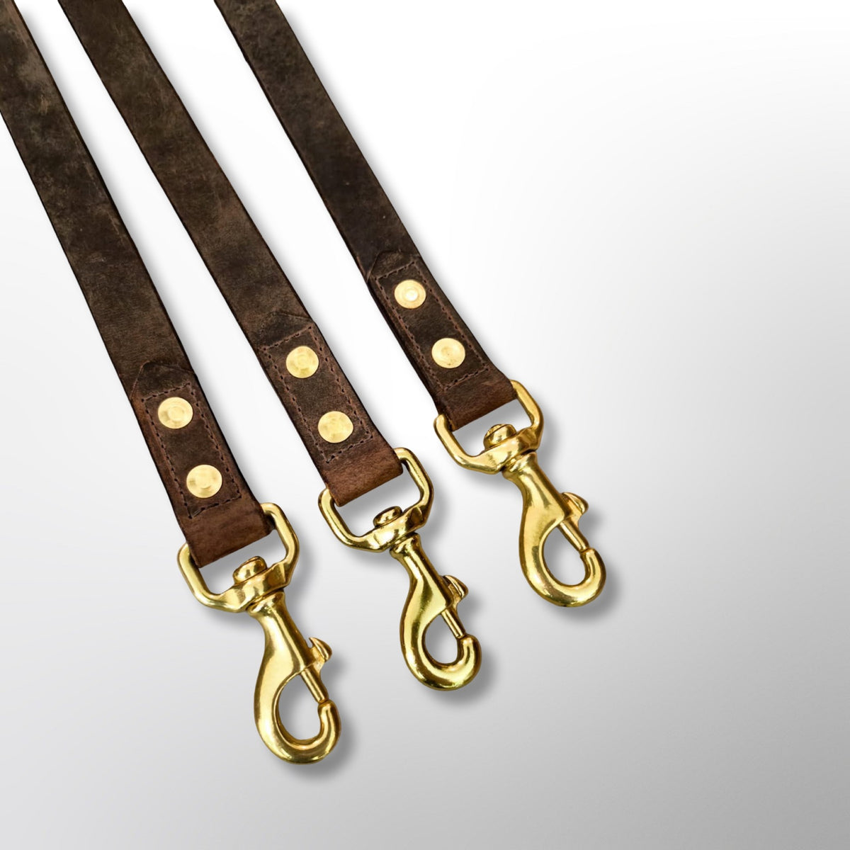 Three Covert Canine Co. 4ft leather leads showing solid brass swivel snap hooks, each secured with a stitched and riveted joint