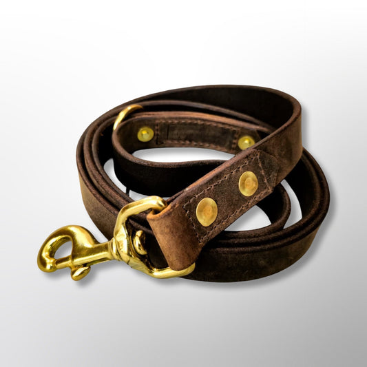 Coiled Covert Canine Co. 4ft buffalo leather lead in vintage brown with solid brass snap hook and floating ring handle