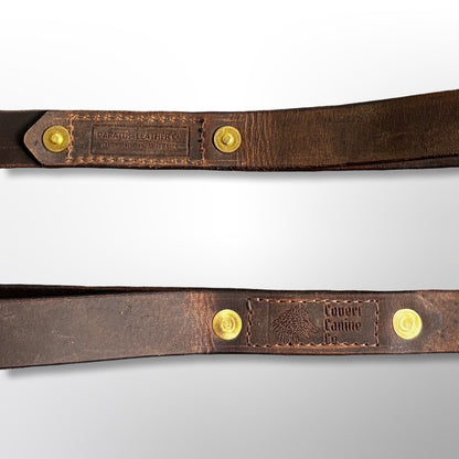 Close-up of the Paratus Leather Co. 'Handmade in Australia' stamp and the Covert Canine Co. logo stamp on the 4ft leather lead