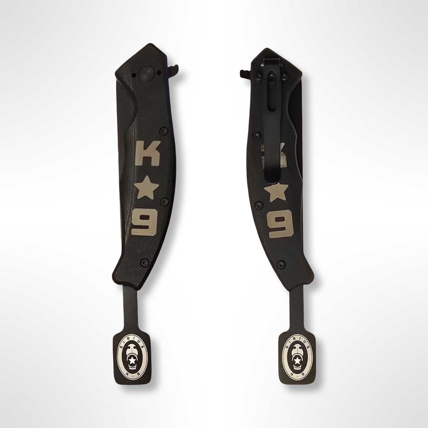 Front and back of a black Sirius K9 Breaker Bar tool in a folded position.