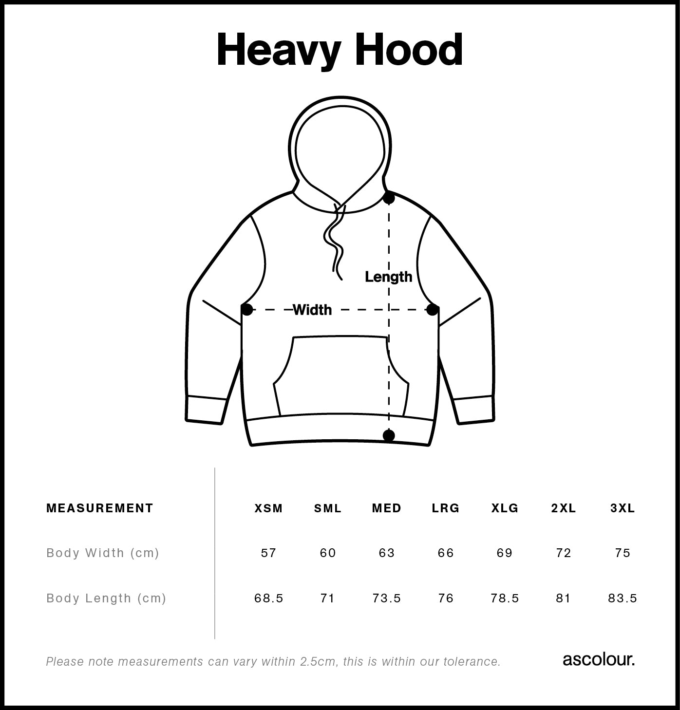 AS Colour Heavy Hood size chart with measurements for different sizes.