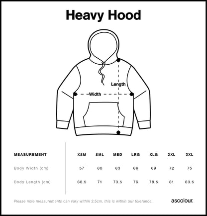 AS Colour Heavy Hood size chart with measurements for different sizes.