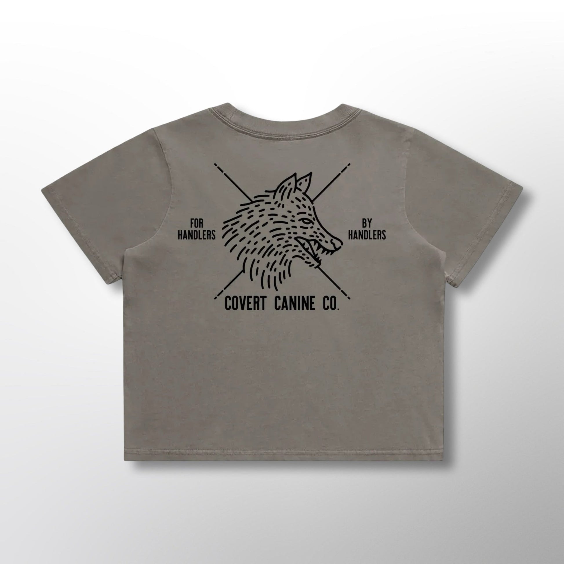 Back of grey crop top with black Covert Canine Co. logo and text on a grey background