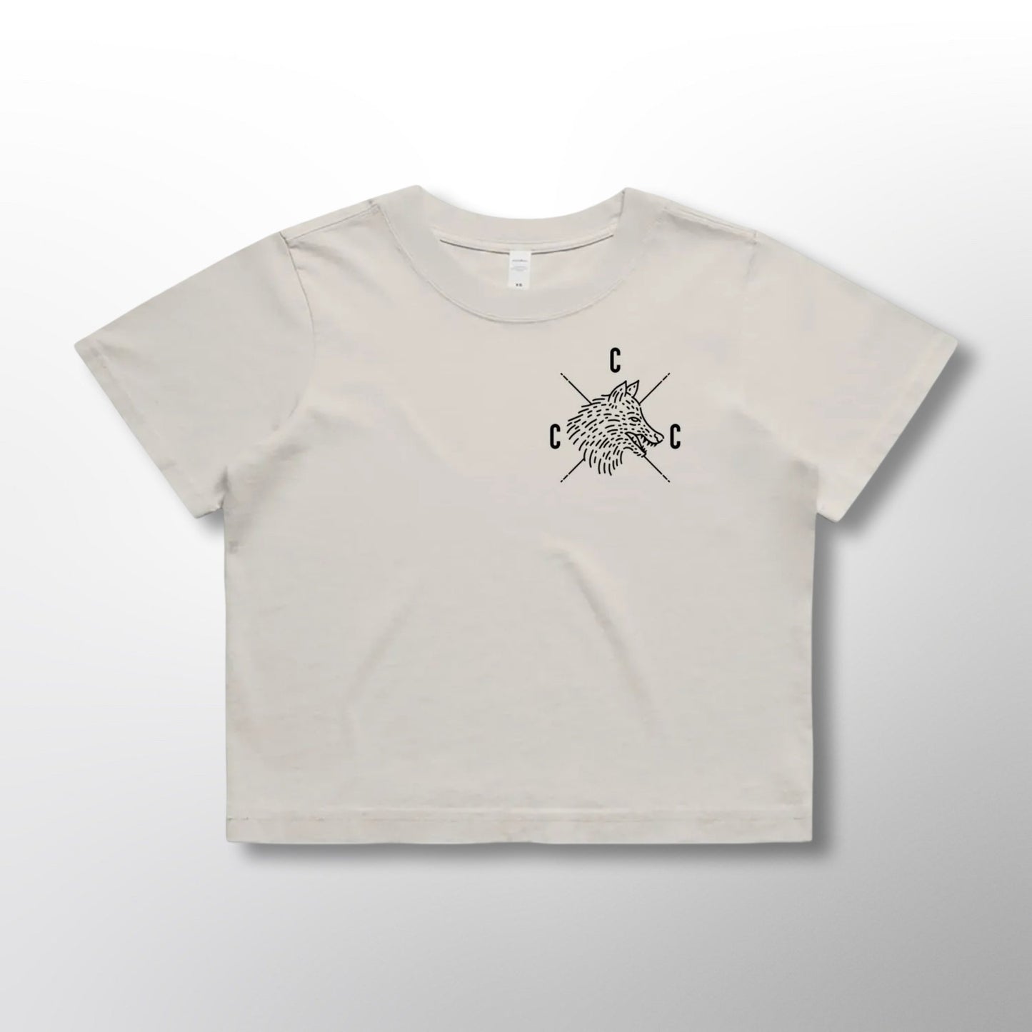 Front of white crop top with black Covert Canine Co. logo and text on a white background
