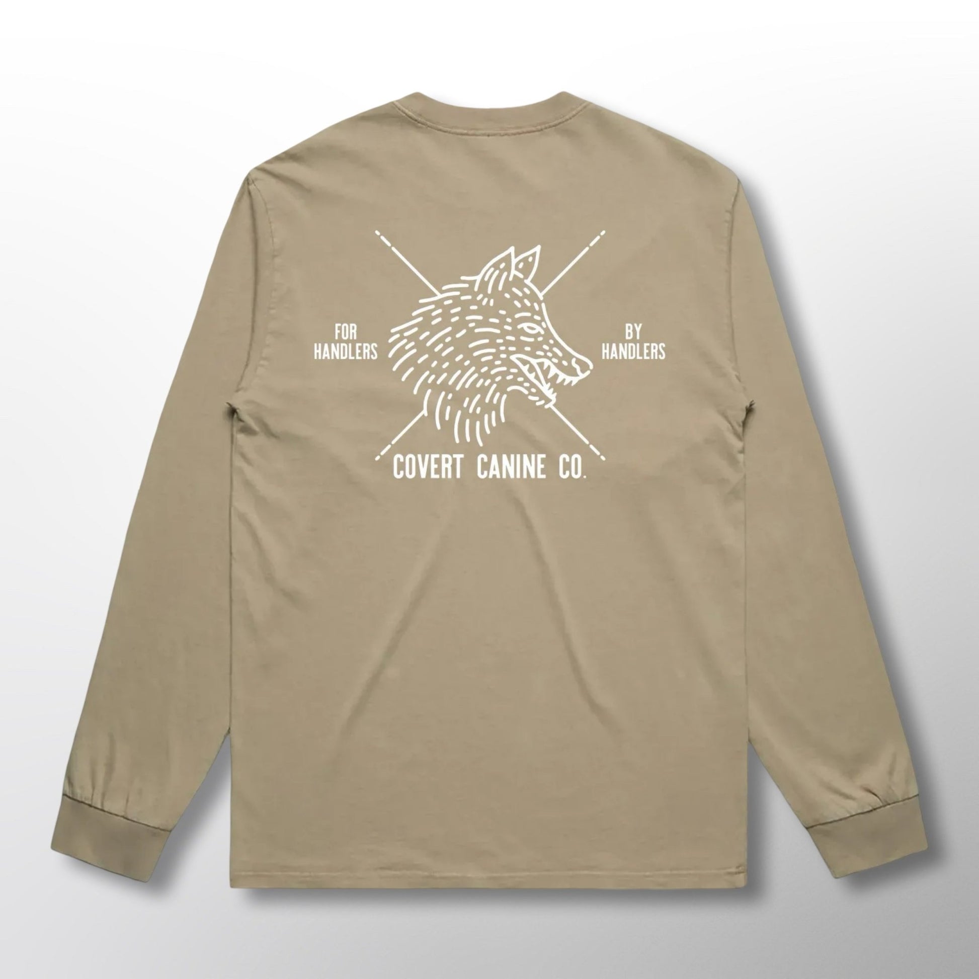 Back of a brown long-sleeve shirt with white Covert Canine Co. logo and text on a brown background