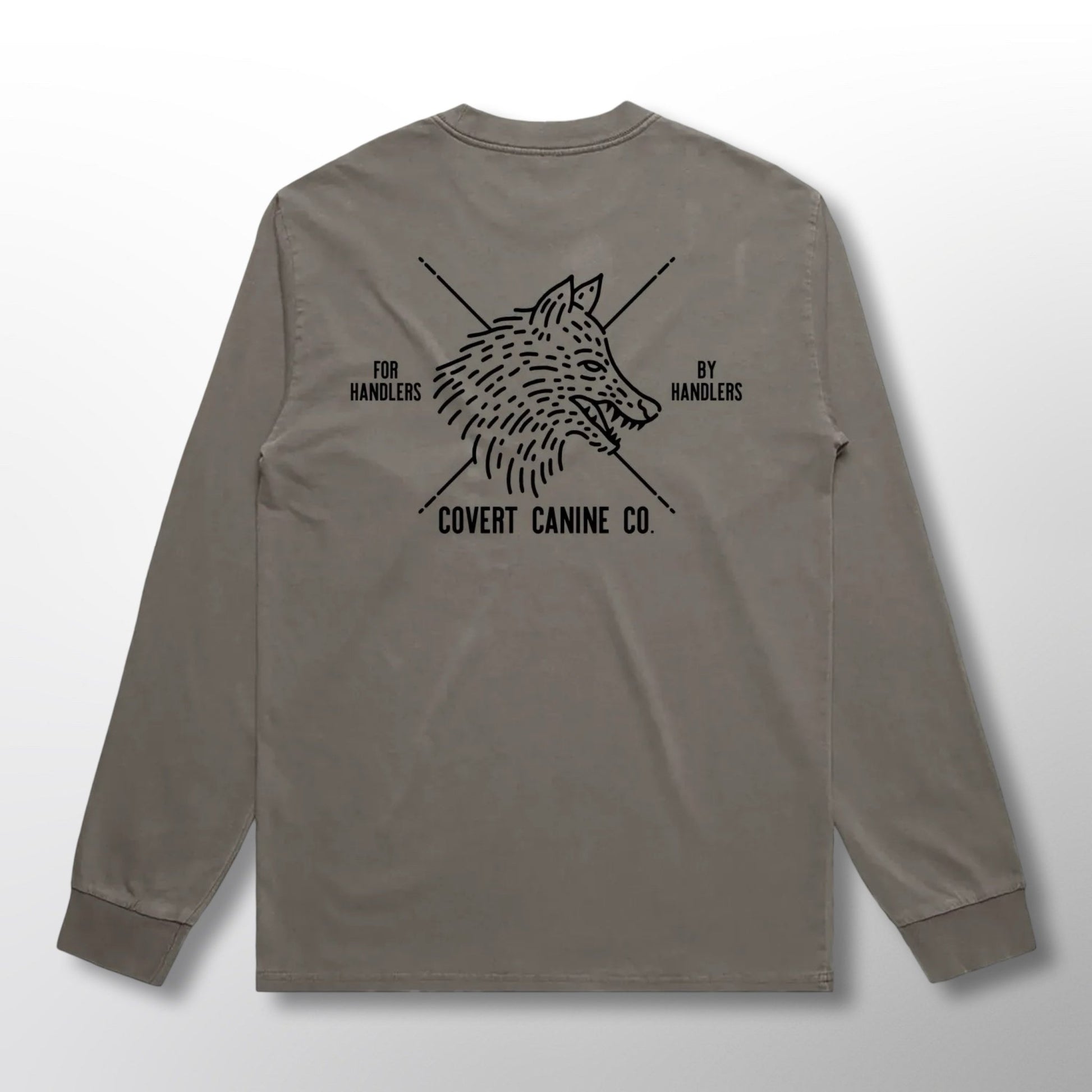 Back of a grey long-sleeve shirt with black Covert Canine Co. logo and text on a grey background