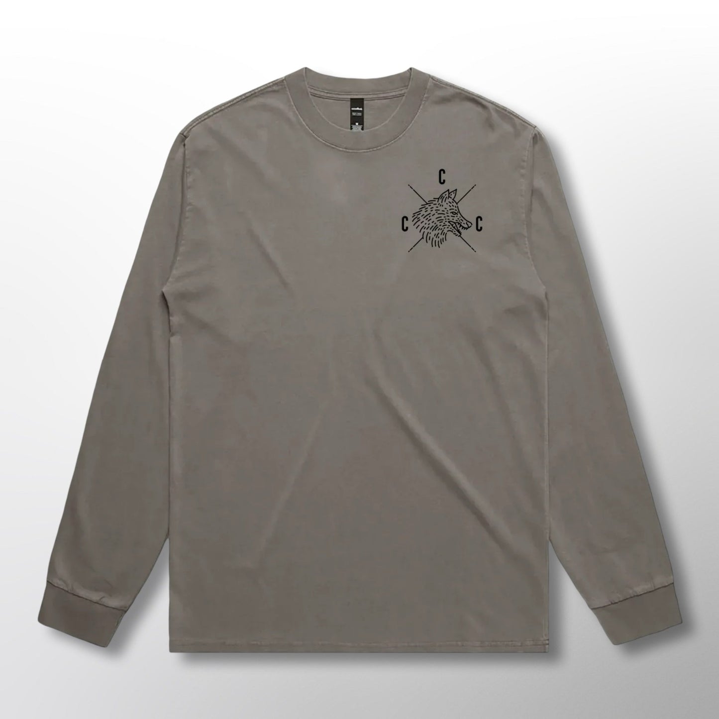 Front of a grey long-sleeve shirt with black Covert Canine Co. logo and text on a grey background