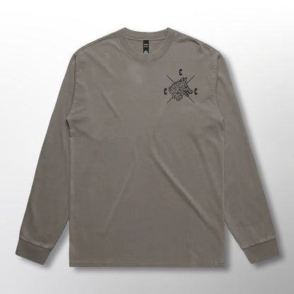 Front of a grey long-sleeve shirt with black Covert Canine Co. logo and text on a grey background