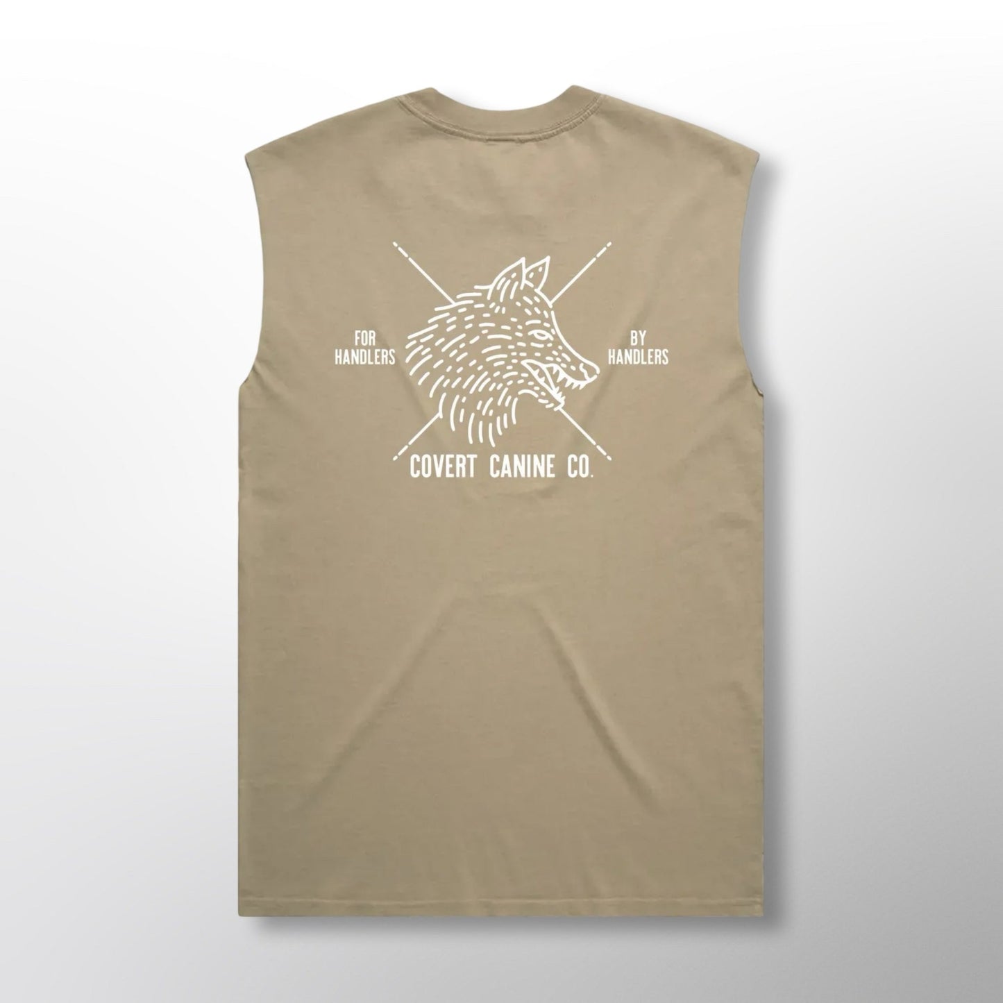 Back of a brown heavy tank top with white Covert Canine Co. logo and text on a brown background