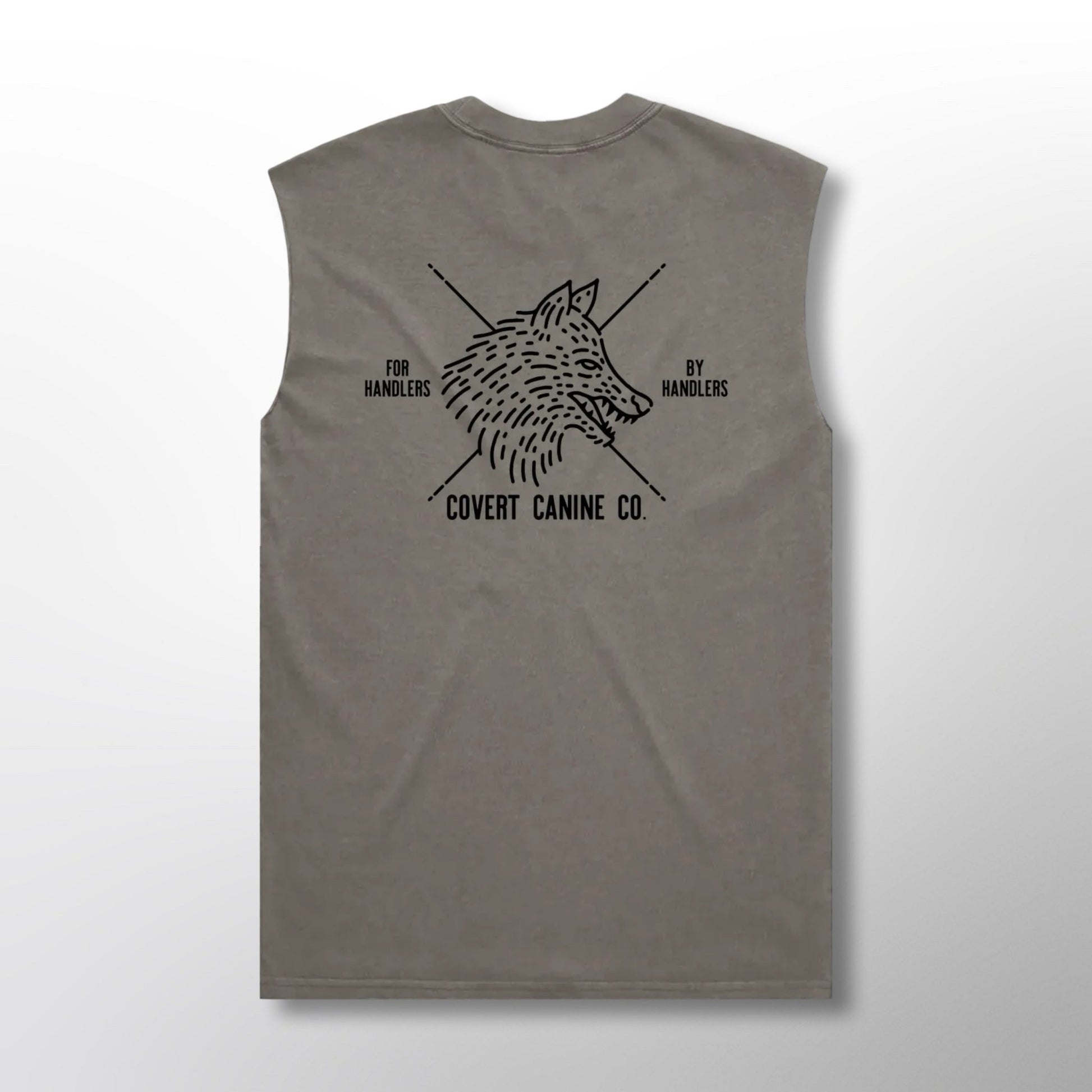 Back of a grey heavy tank top with black Covert Canine Co. logo and text on a grey background