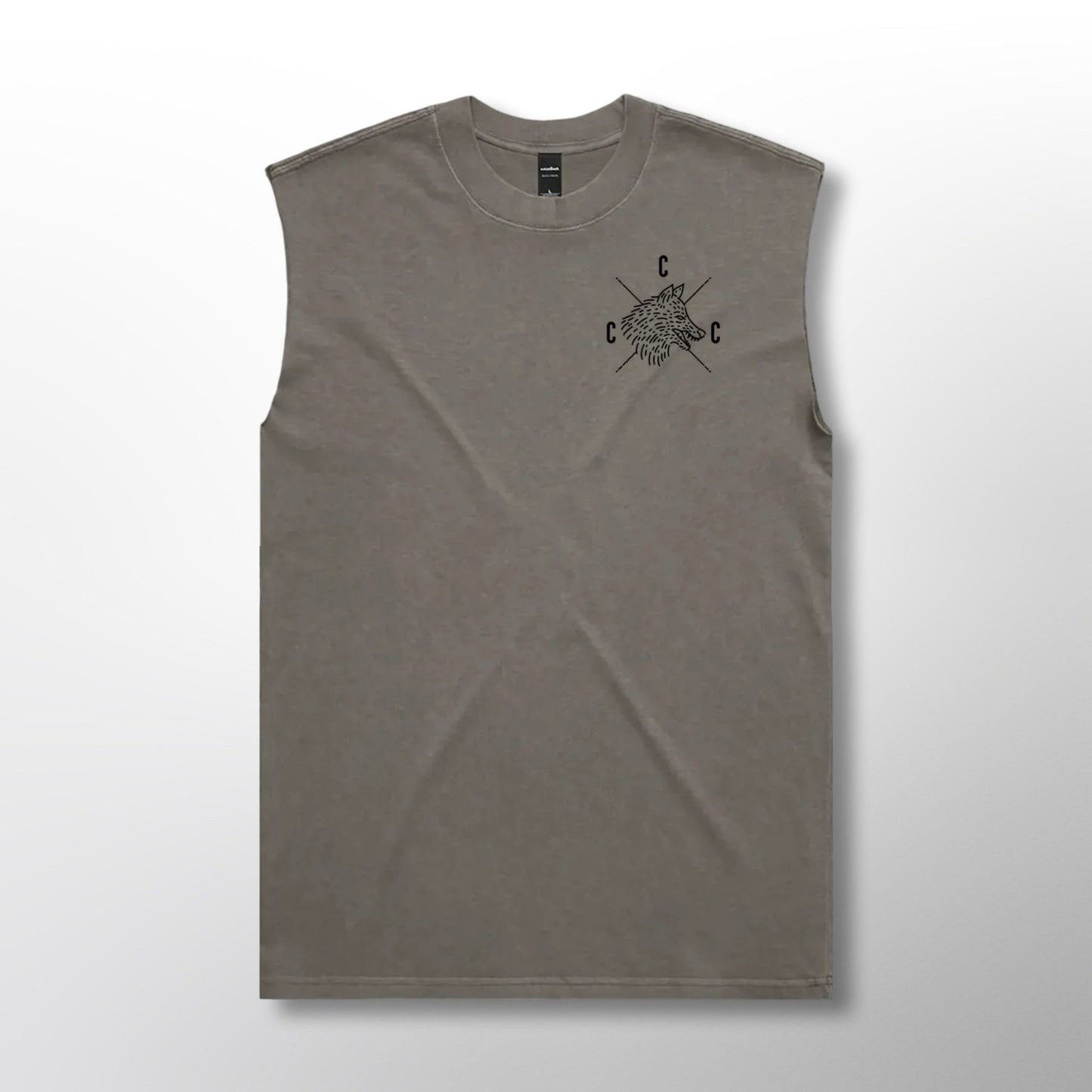 Front of a grey heavy tank top with black Covert Canine Co. logo and text on a grey background
