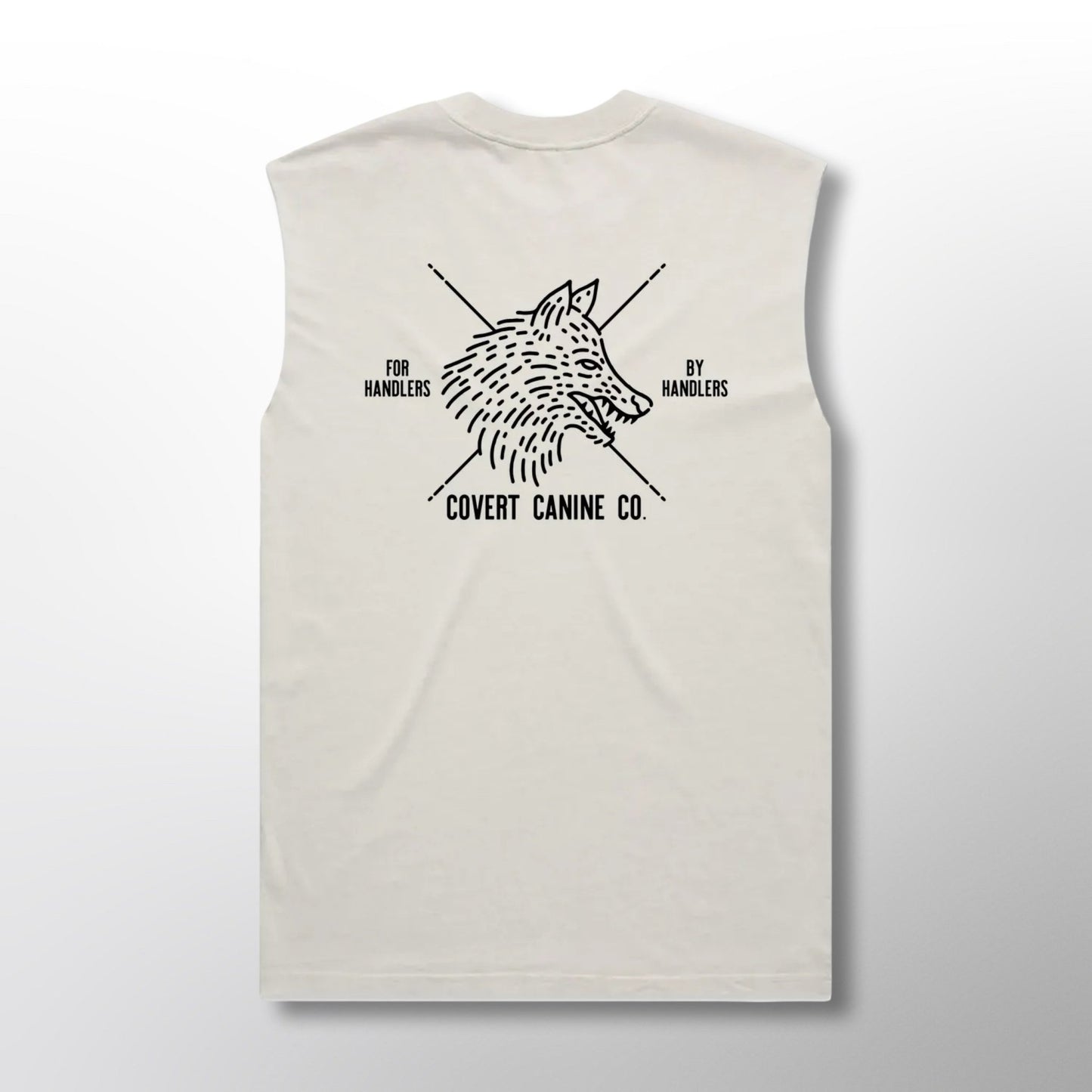 Back of a white heavy tank top with black Covert Canine Co. logo and text on a white background