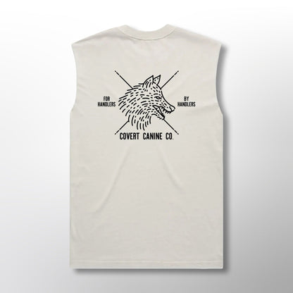 Back of a white heavy tank top with black Covert Canine Co. logo and text on a white background
