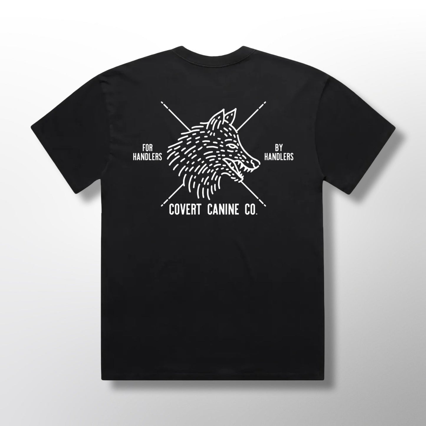 Back of a black t-shirt with white Covert Canine logo graphic and text on a black background