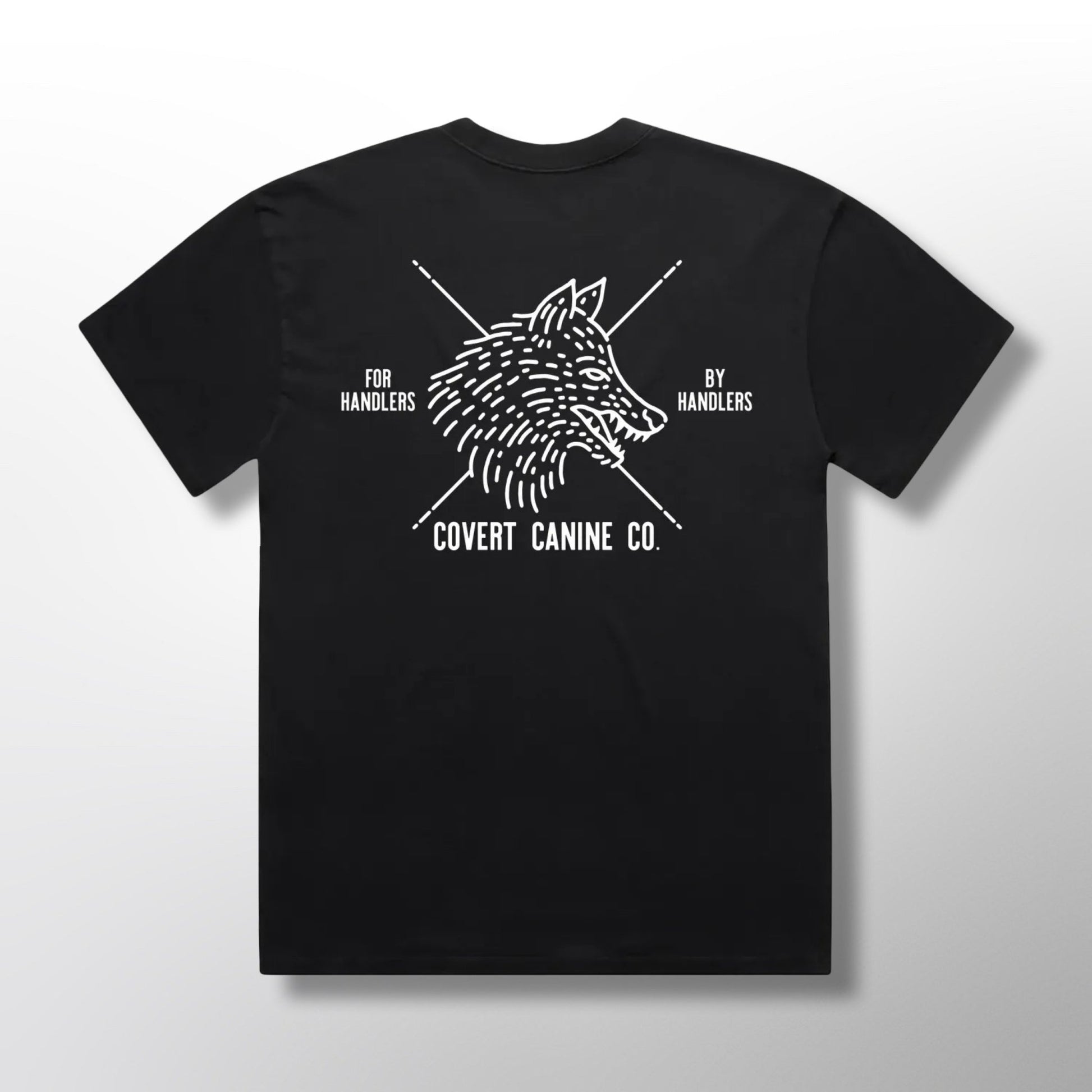 Back of a black t-shirt with white Covert Canine logo graphic and text on a black background