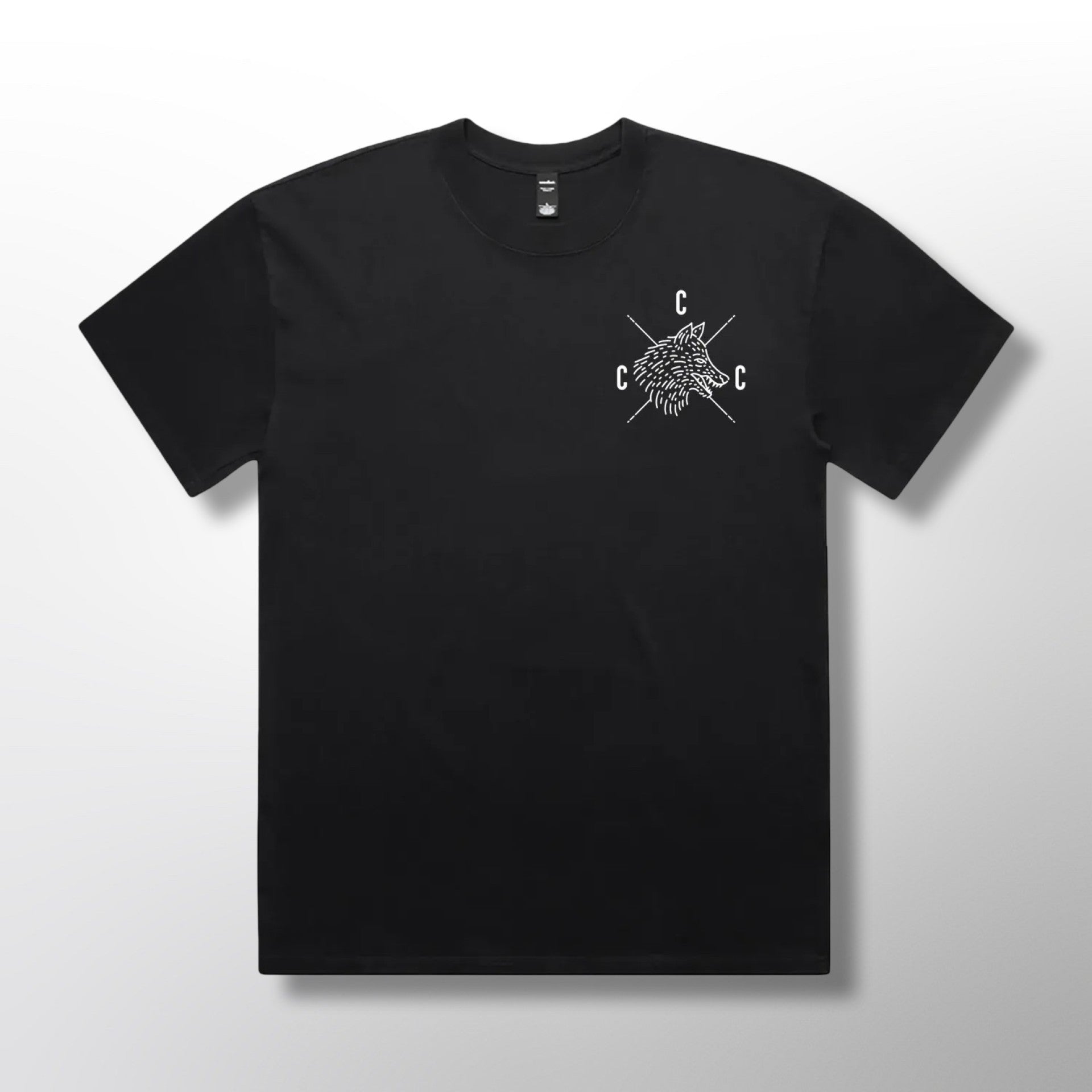 Front of Black t-shirt with white Covert Canine logo graphic and text on a black background