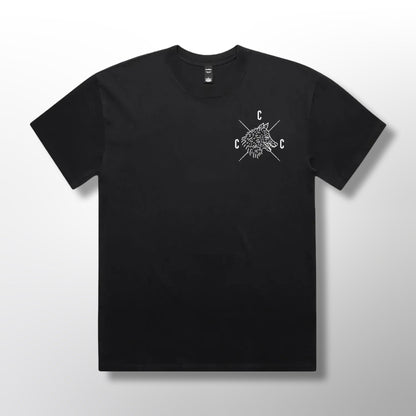 Front of Black t-shirt with white Covert Canine logo graphic and text on a black background