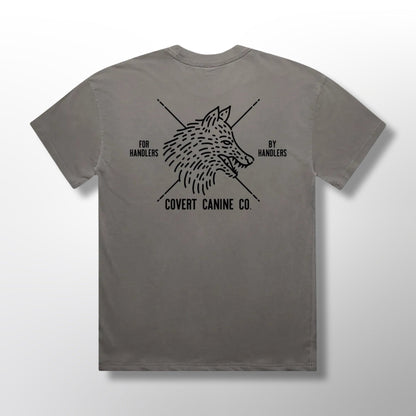 Back of grey t-shirt with black Covert Canine logo graphic and text on a grey background