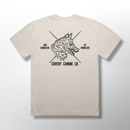 Back of white t-shirt with black Covert Canine logo graphic and text on a white background