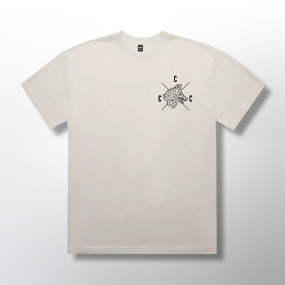 Front of white t-shirt with black Covert Canine logo graphic and text on a white background