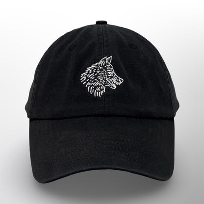 Front of the Covert Canine Co. Signature Cap with embroidered white wolf on washed black