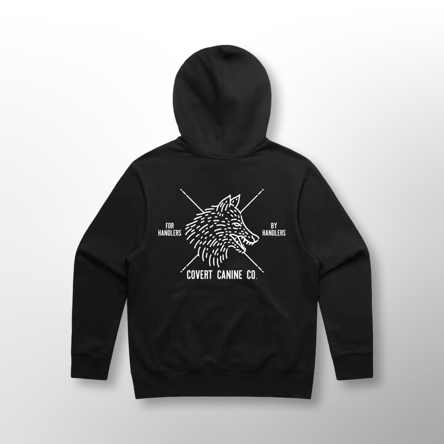 Back of the black Covert Canine Co. Signature Heavy Hoodie with the wolf design and 'For Handlers By Handlers