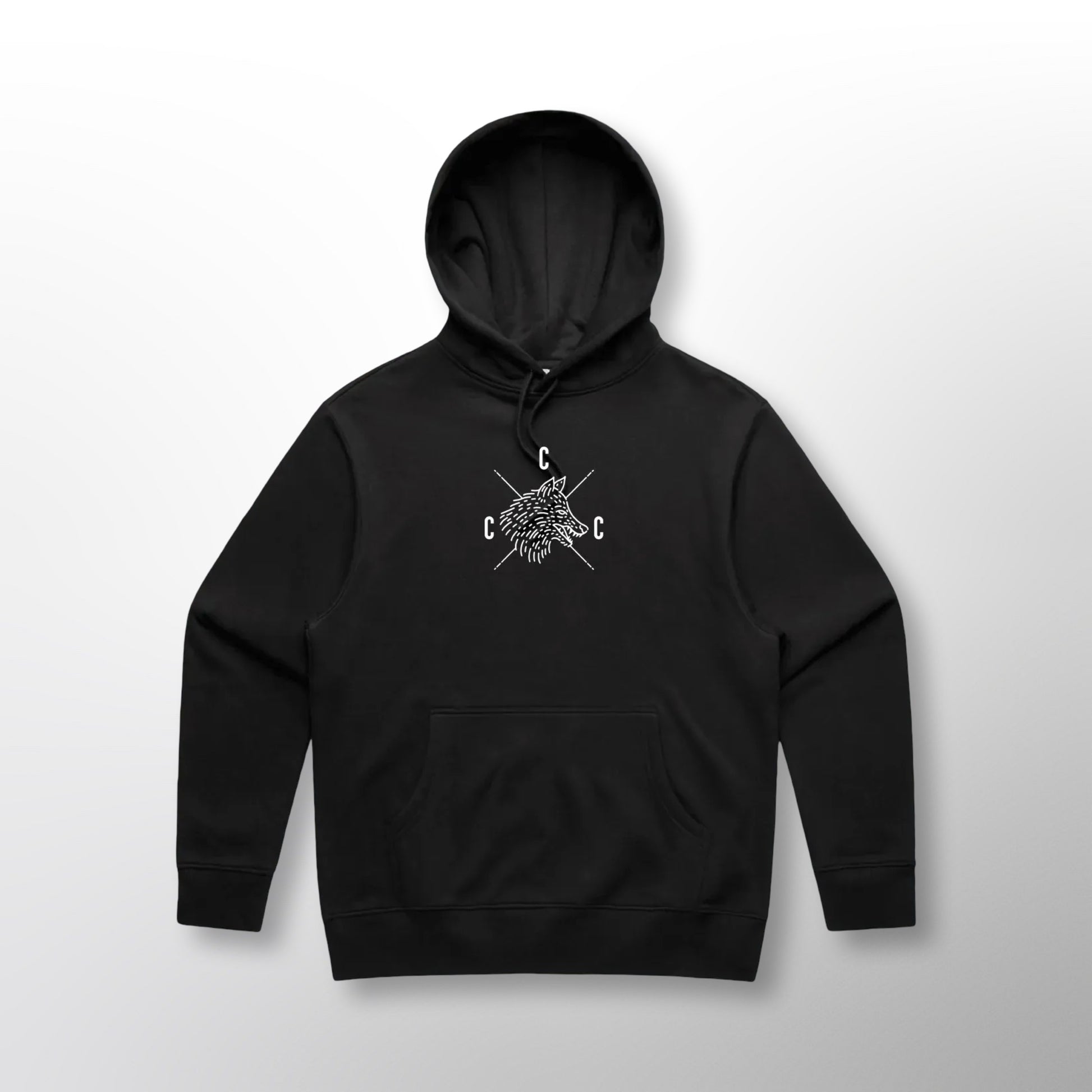 Front of the black Covert Canine Co. Signature Heavy Hoodie with the logo and name