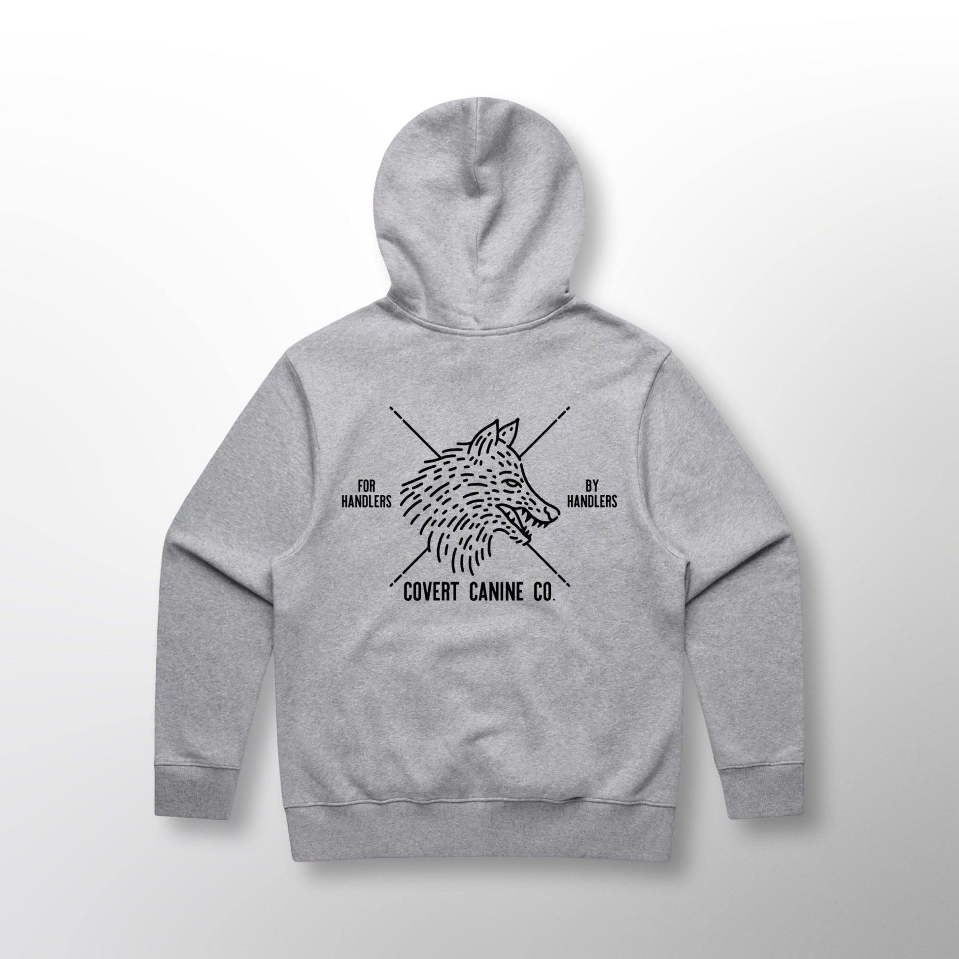 Back of the grey Covert Canine Co. Signature Heavy Hoodie with the wolf design and 'For Handlers By Handlers