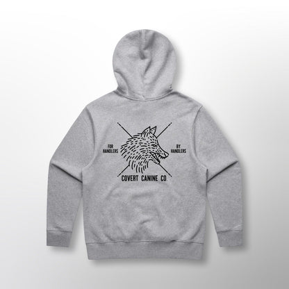 Back of the grey Covert Canine Co. Signature Heavy Hoodie with the wolf design and 'For Handlers By Handlers