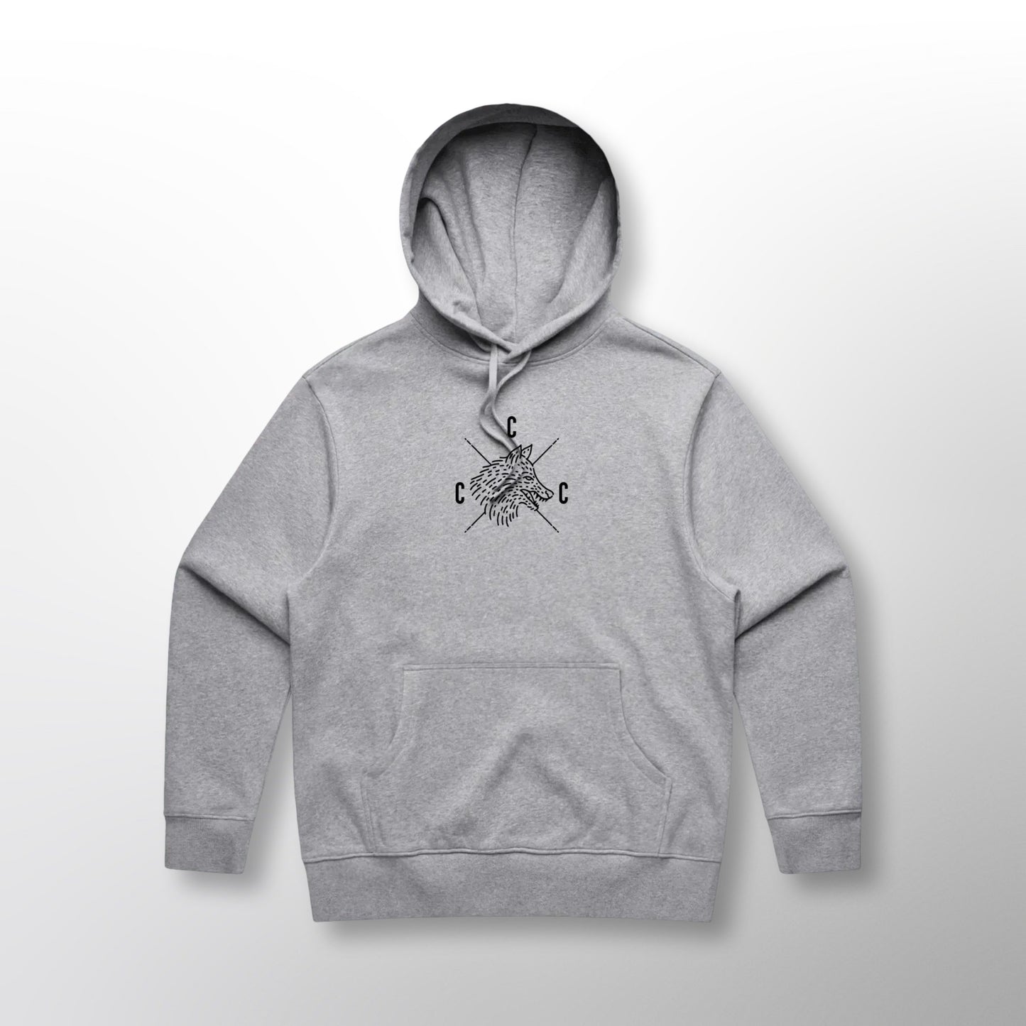 Front of the grey Covert Canine Co. Signature Heavy Hoodie with the logo and name