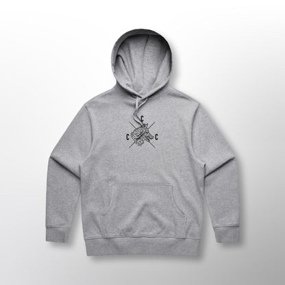 Front of the grey Covert Canine Co. Signature Heavy Hoodie with the logo and name