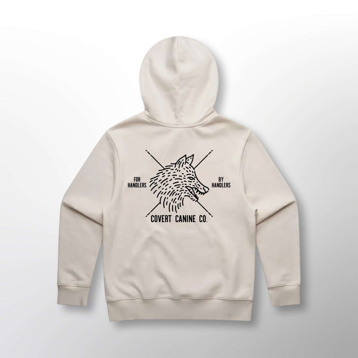 Back of the white Covert Canine Co. Signature Heavy Hoodie with the wolf design and 'For Handlers By Handlers