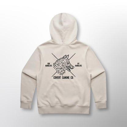 Back of the white Covert Canine Co. Signature Heavy Hoodie with the wolf design and 'For Handlers By Handlers