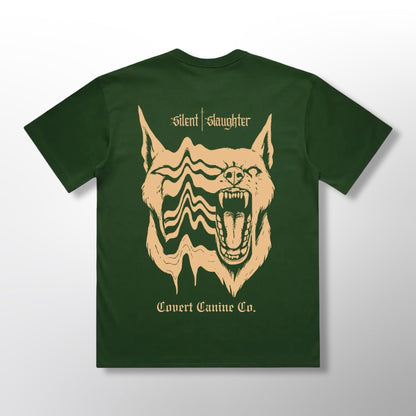 Grip Tee - CCC x Silent Slaughter | Back green shirt, yellow K9 design.