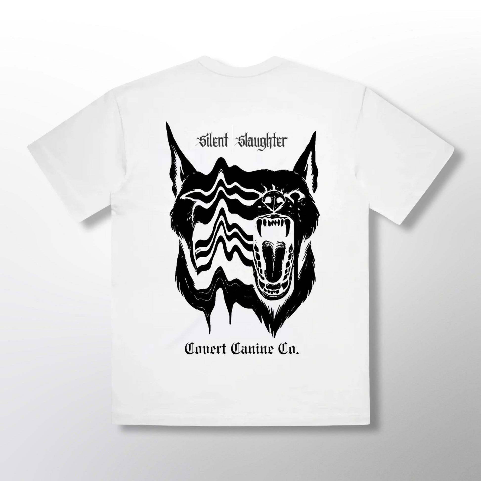 Grip Tee - CCC x Silent Slaughter | Back white shirt, black K9 design.