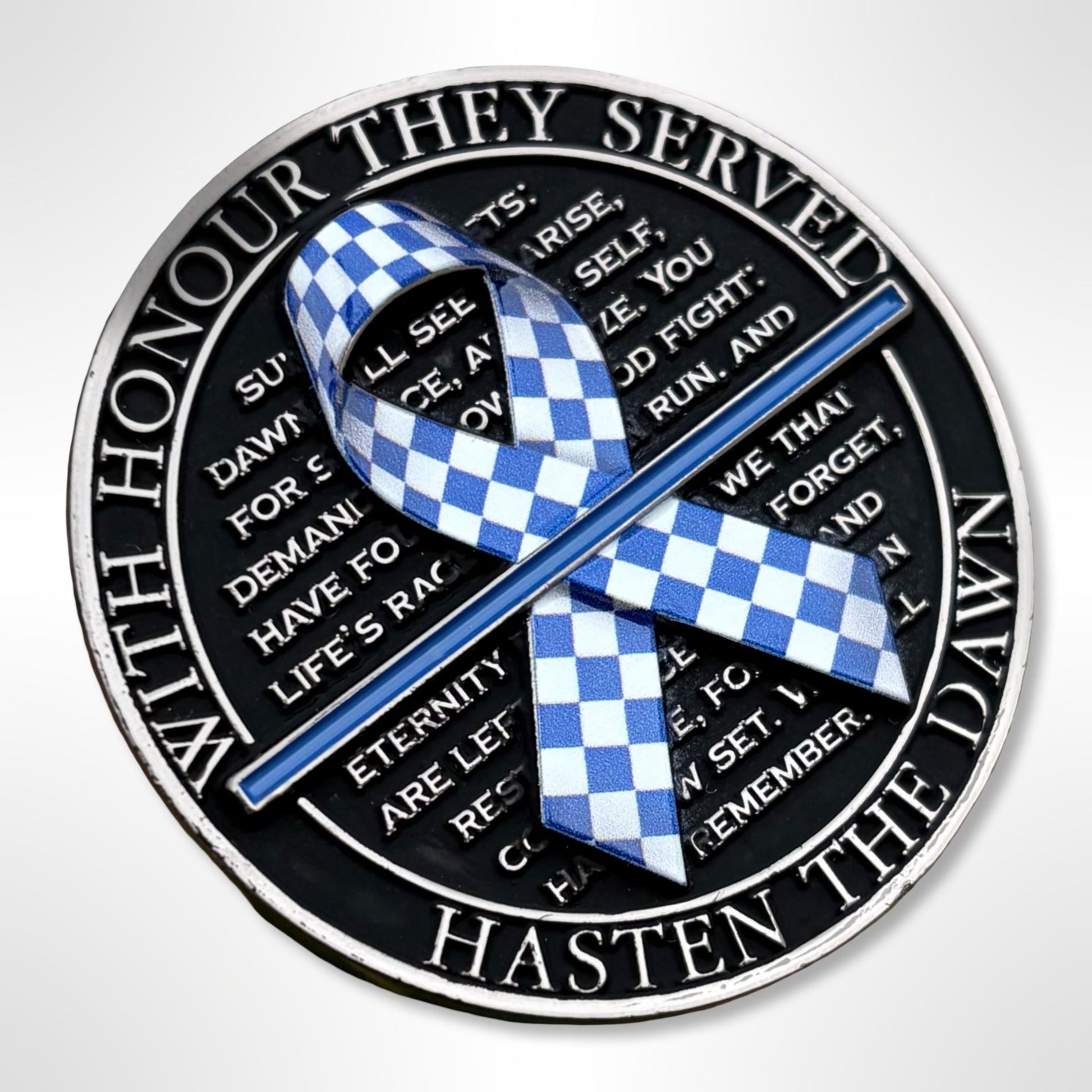 Circular emblem with blue and white checkered ribbons and text on a black background
