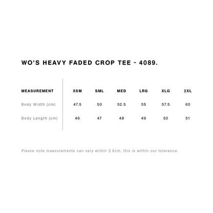 Size chart for women's heavy faded crop tee with measurements in centimeters.