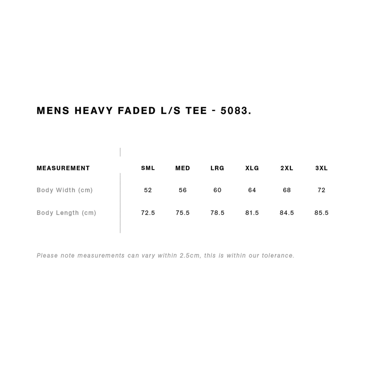 Measurement chart for Mens Heavy Faded L/S Tee with size chart on a white background