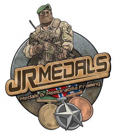 Logo of JR Medals with a stylized soldier and medals on a dark background