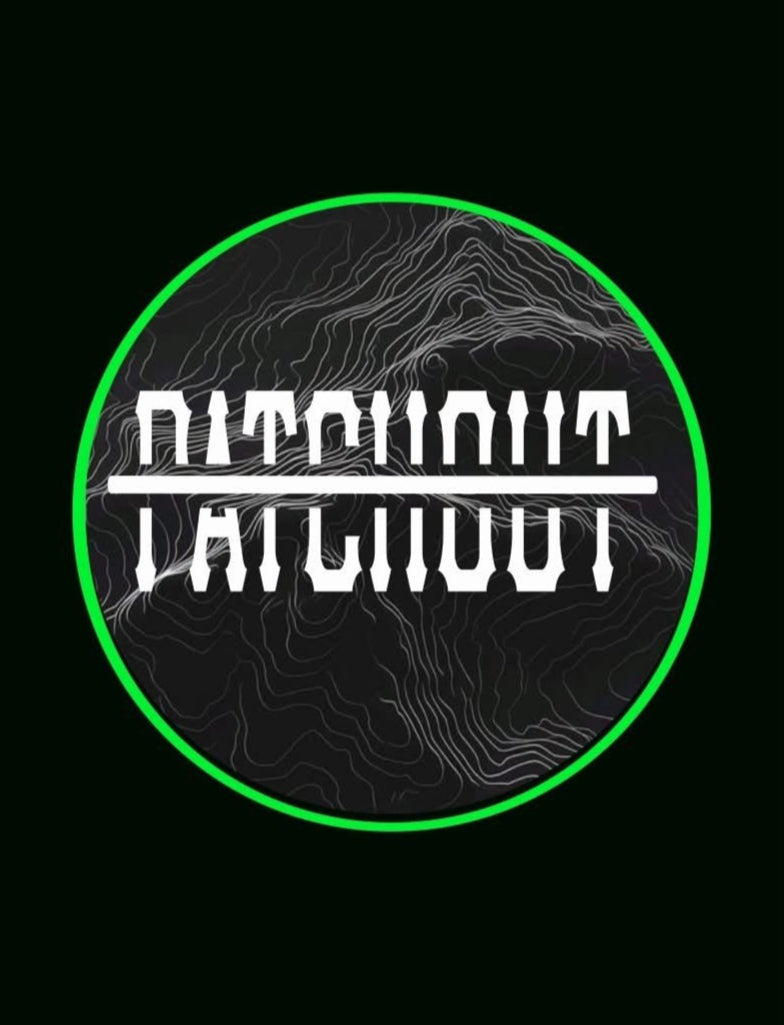 Patch Out logo circular with wavy design and text on a black background