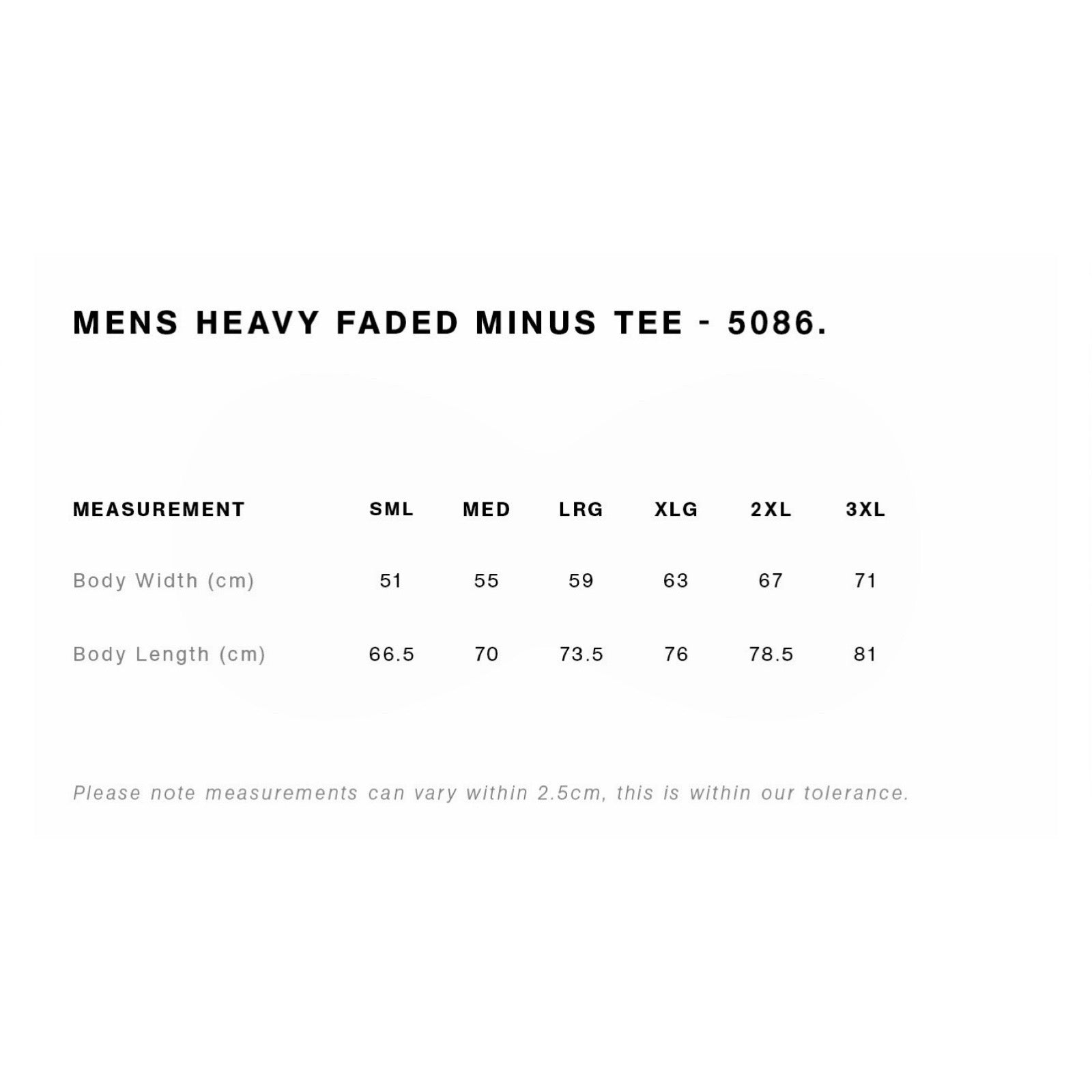 Size chart for Men's Heavy Faded Minus Tee with measurements in centimeters.