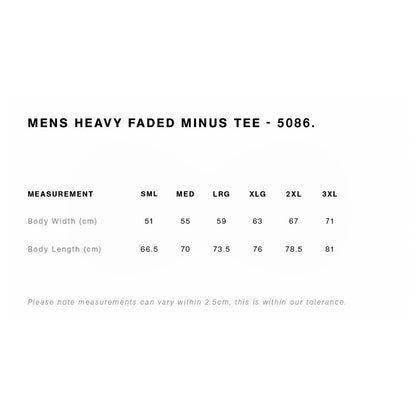 Size chart for Men's Heavy Faded Minus Tee with measurements in centimeters.