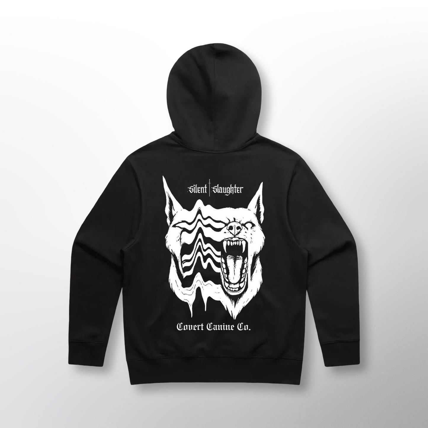 Back of the black Grip Hoodie with the CCC x Silent Slaughter split canine graphic and 'Silent Slaughter' lettering