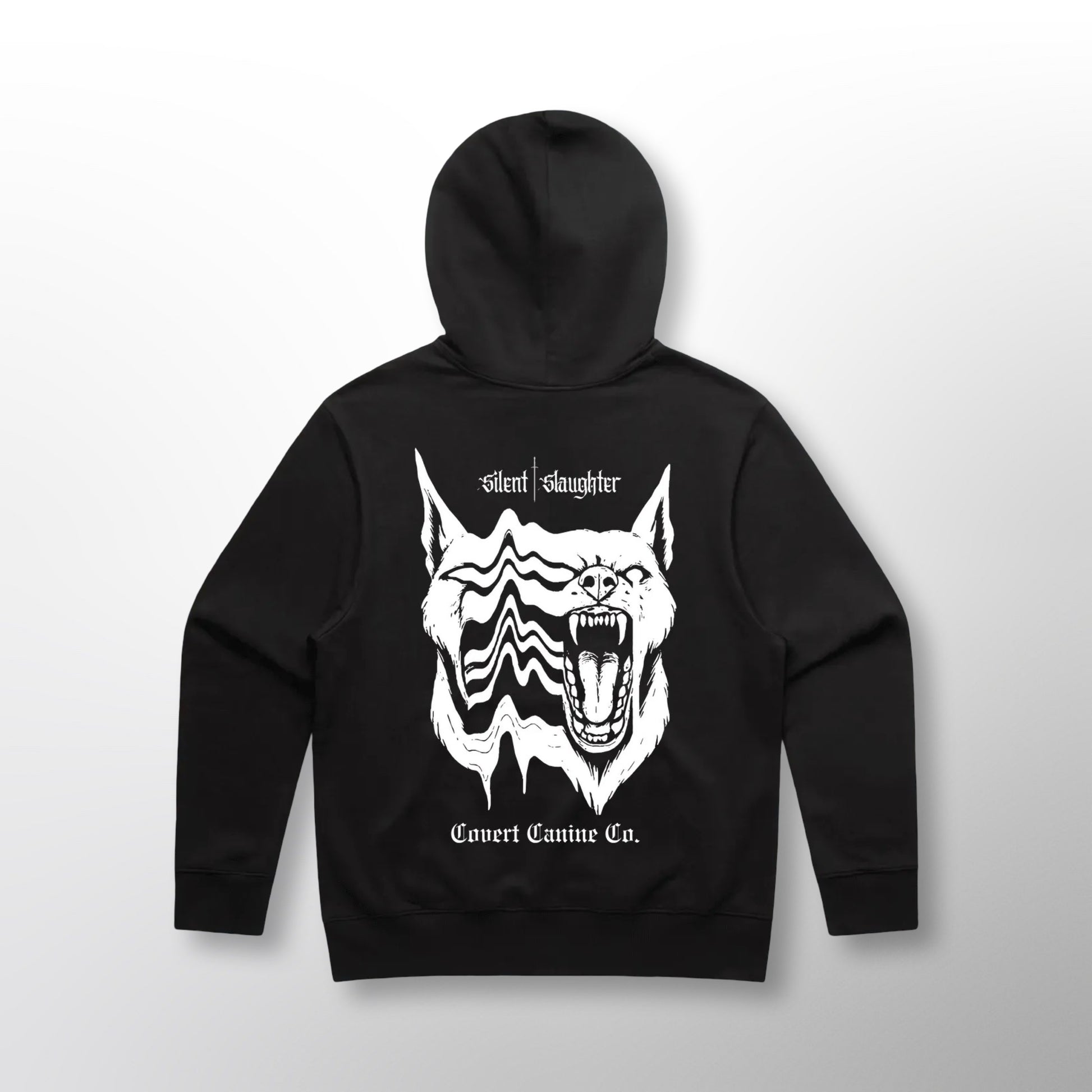Back of the black Grip Hoodie with the CCC x Silent Slaughter split canine graphic and 'Silent Slaughter' lettering