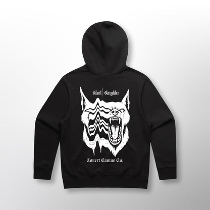 Back of the black Grip Hoodie with the CCC x Silent Slaughter split canine graphic and 'Silent Slaughter' lettering